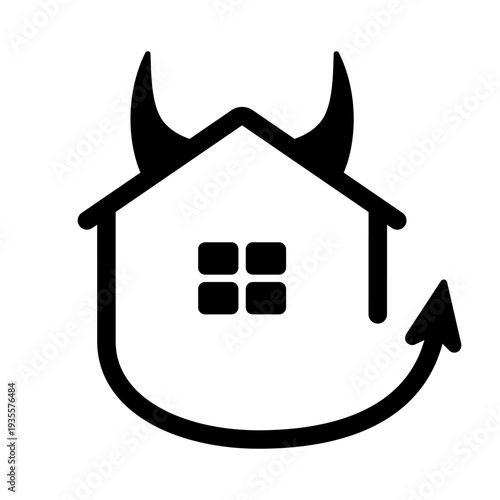 Devil house icon featuring demonic horns and a pointed tail in a minimalist line art style. Evil home or haunted property symbol.