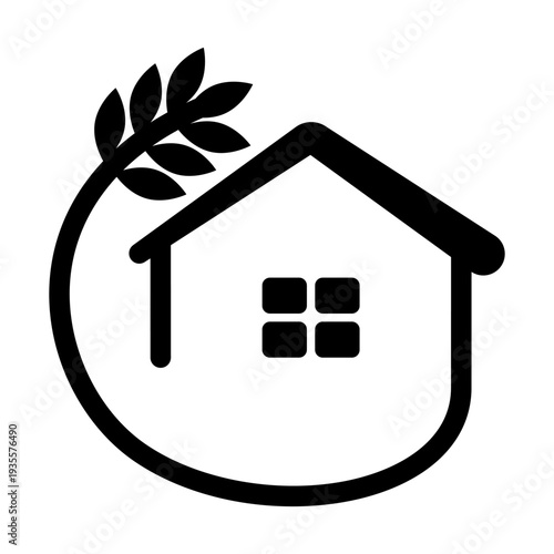 Eco house icon with leaf symbol representing sustainable living, green energy and environmental home concept.