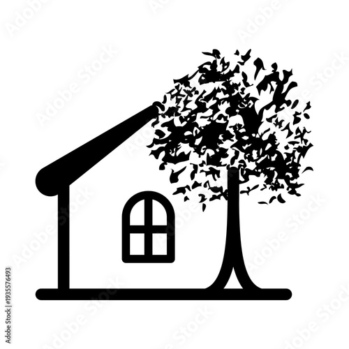 House icon next to a leafy tree in a minimalist black line style. Concept of garden living, suburban home, and environment-friendly property.