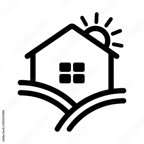 House icon with sun and landscape elements representing home, nature, comfort and rural living concept.