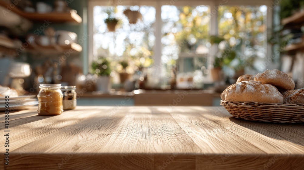 Obraz premium Bright morning light fills a cozy kitchen with a clean wooden table ready for fresh bread rolls and breakfast options