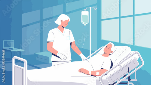 Minimalist hospital scene illustration with nurse attending to patient in bed soft blue tones and clean lines healthcare concept