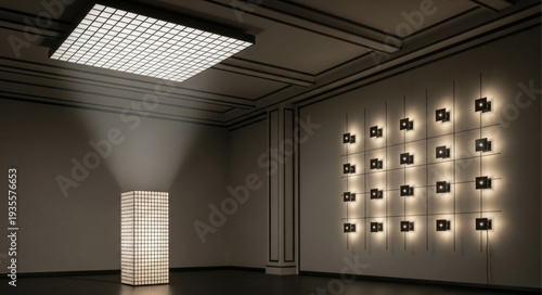 Modern art installation with geometric lighting and wall art.