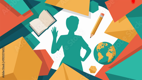 Person surrounded by educational elements in modern flat design global learning concept with books pencils and globe