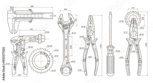 Technical Drawing of Mechanical Tools and Components.
