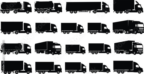 Cargo truck silhouette collection set, delivery trucks, tanker trucks, box trucks, semi trailer transport vehicles logistics shipping vector icons isolated