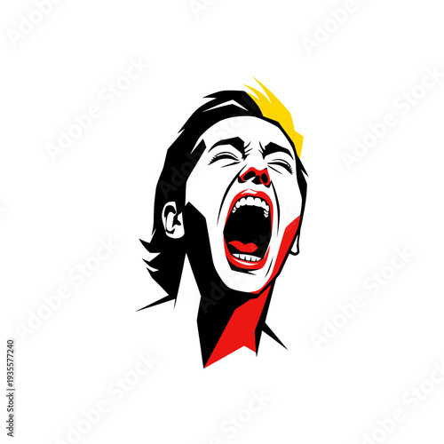 Expressive Woman Screaming with Mouth Open, Red Lips, Yellow Crown Detail