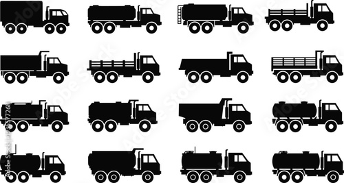 Industrial truck silhouettes collection, tanker trucks, cargo trucks, utility transport vehicles, logistics delivery transport fleet vector icons isolated illustration set