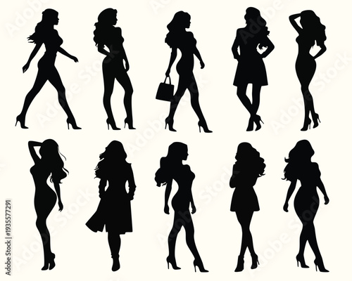 Fashion Woman Silhouettes Set, Elegant Female Models Posing in High Heels