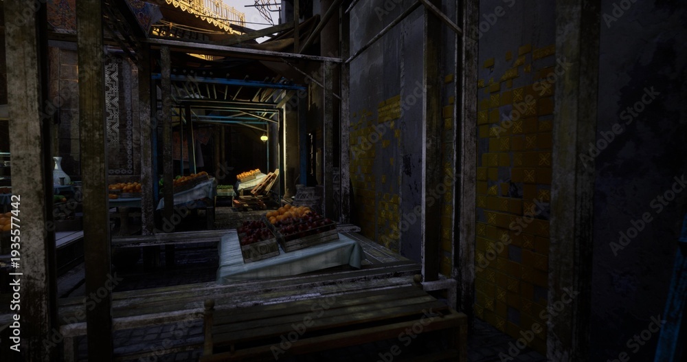 Fototapeta premium golden hour market lane with pottery and brass catching warm light, expansive shadows and glowing highlights, quiet commercial alley ripe for lifestyle, travel