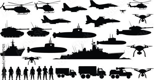 Military vehicles and weapons silhouettes set, fighter jets, helicopters, tanks, submarines, warships, drones, army soldiers, combat transport equipment vector collection