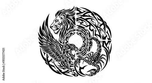 Circular tribal phoenix and lion emblem tattoo artwork.