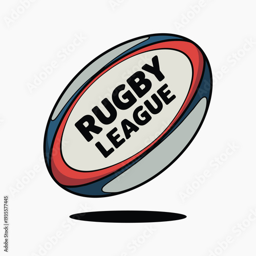 Rugby league ball flying through air with red blue and gray panels sports equipment vector illustration isolated on a white background.