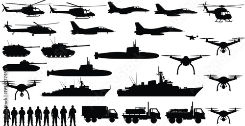 Military transport and combat vehicle silhouettes set, fighter jets, helicopters, tanks, submarines, warships, drones, soldiers, army equipment vector collection