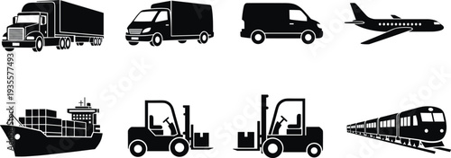 Transportation silhouette icons set, cargo truck, delivery van, cargo ship, airplane, forklift, train logistics transport vehicles vector collection isolated illustration
