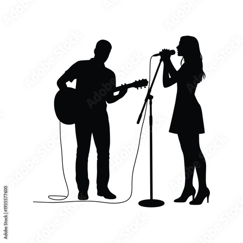 Silhouette of a man playing guitar and a woman singing into a microphone vector illustration isolated on white background