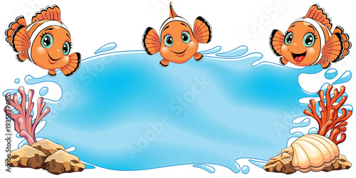 Clownfish Cute and Joyful little Cartoon Characters swimming around a water Banner with Coral Reef decorations, a perfect background for Summer Holidays Advertising. Vector Illustration 