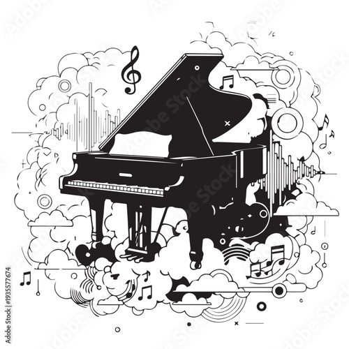 Illustrated grand piano surrounded by whimsical musical doodles and abstract background.