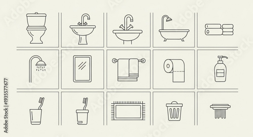 Collection of bathroom icons in a simple line art style.