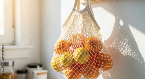 Reusable Mesh Produce Bags,  a mesh bag overflowing with bright oranges and lemons