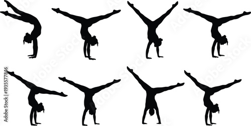 Gymnastics Athlete Silhouette Vector Set Professional Female Gymnast Doing Handstand Poses for Sport Competition Design Acrobat Action Isolated Graphic Elements