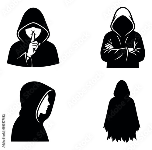 Stylized hooded figure set featuring different poses and silhouettes for concepts of mystery and anonymity