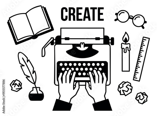 Line art creative writing desk elements set featuring a person typing on a typewriter, a book, quill pen, and glasses for artistic creation and storytelling