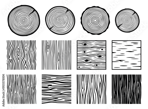 Line art wood textures set featuring tree rings and bark patterns for natural design elements