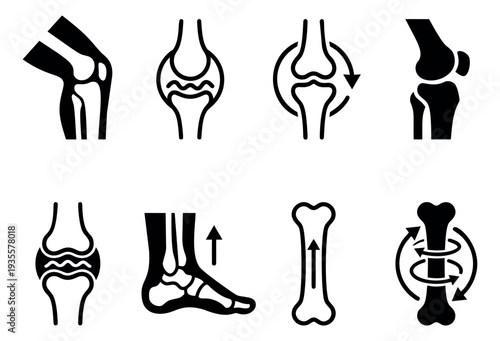 Medical bone and joint icon set featuring various human knee and foot joints with bone movement and conditions for healthcare and educational design