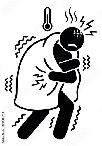 Line art illustration of a sick figure depicting shivering, fever, and pain for health and medical awareness