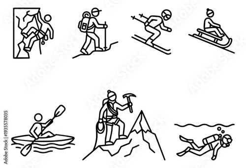 Line art outdoor adventure icons set featuring various extreme sports and leisure activities for recreation concepts