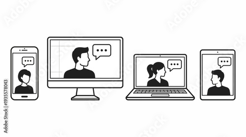 A minimalist line art illustration depicts various digital devices, including a smartphone, monitor, laptop, and tablet, facilitating online communication and virtual interaction.