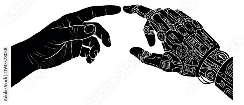 Line art illustration of a human and robot hand depicting connection for technology and artificial intelligence concepts
