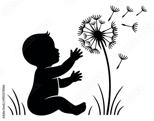Silhouette illustration of a baby and dandelion depicting seeds blowing in the wind for childhood innocence