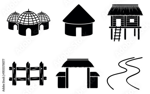Simple silhouette village elements set featuring traditional huts, a stilt house, fence, gate and path for rural life design
