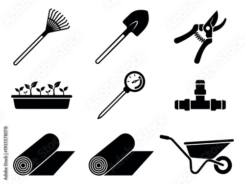 Modern silhouette gardening and landscaping icon set featuring various tools and elements for agriculture and horticulture