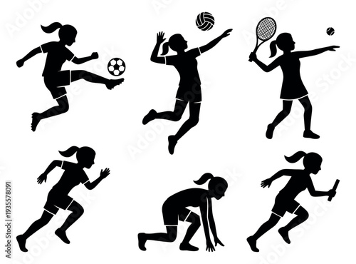 Solid silhouette female athlete set featuring women playing soccer, volleyball, tennis, and running for sports and fitness concepts