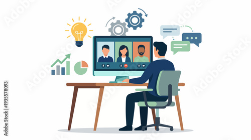 A man participates in a virtual video conference call from his home office, collaborating with colleagues using modern technology and digital communication tools.