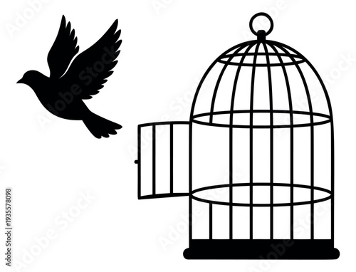Graphic illustration of a bird flying from an open birdcage depicting freedom for liberation concepts