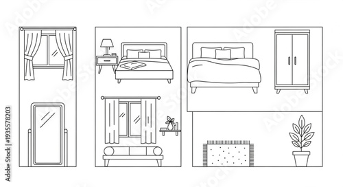 Interior design sketches of a bedroom and living area.
