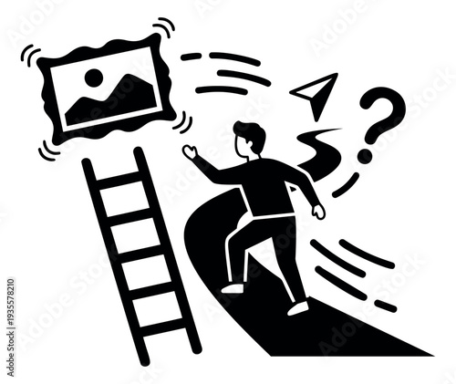 Bold line art illustration of a person on a winding path depicting navigating challenges and seeking creative inspiration for career path and personal growth