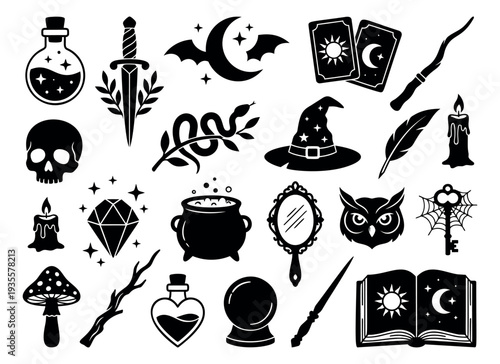 Graphic witchcraft set featuring potions, skulls, and a witch hat for halloween designs