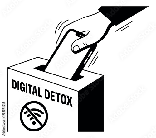 Hand drawn line art illustration of a hand dropping a smartphone into a digital detox box depicting a break from technology for mental well-being