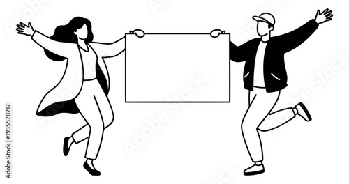 Modern line art illustration of a man and woman depicting them jumping and holding a blank sign for announcement purposes