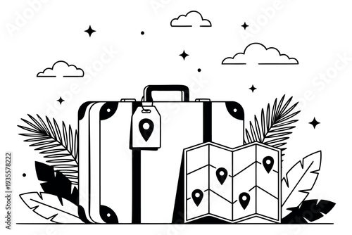 Line art illustration of travel luggage and a map depicting vacation planning for a summer journey