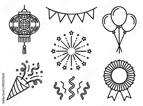 Line art celebration icons set featuring a chinese lantern, balloons, fireworks, a party popper, streamers, a banner, and a rosette for festive occasions