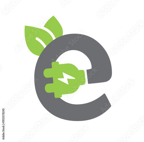 The outline of the electric car cable looks like the letter "E". A plug, which is the extension of the letter E, a sign for charging electric cars.