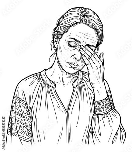 Hand drawn line art illustration of a woman depicting a painful headache for health and medical concepts