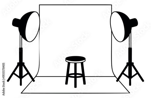 Line art illustration of a photography studio depicting lighting and a stool for professional photoshoots