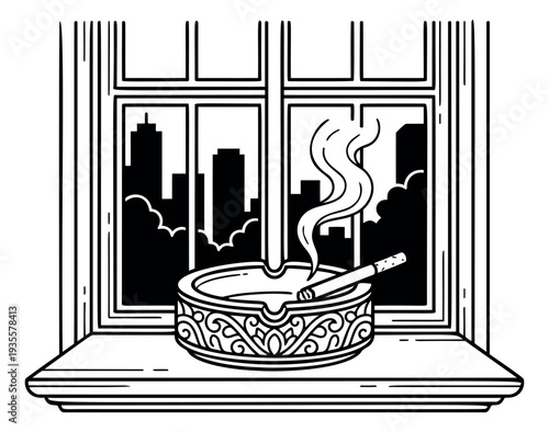 Hand drawn line art illustration of an ashtray with a cigarette depicting smoke rising on a windowsill for a cityscape view